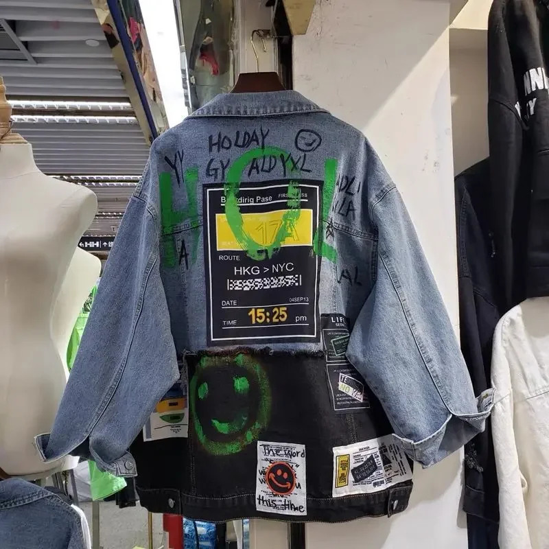 Autumn and Winter Creative Stickers Graffiti Patterns Cowboy Jacket Splicing Jeans cardigan Woolen Sweater Crop Top Chaquetas 241211