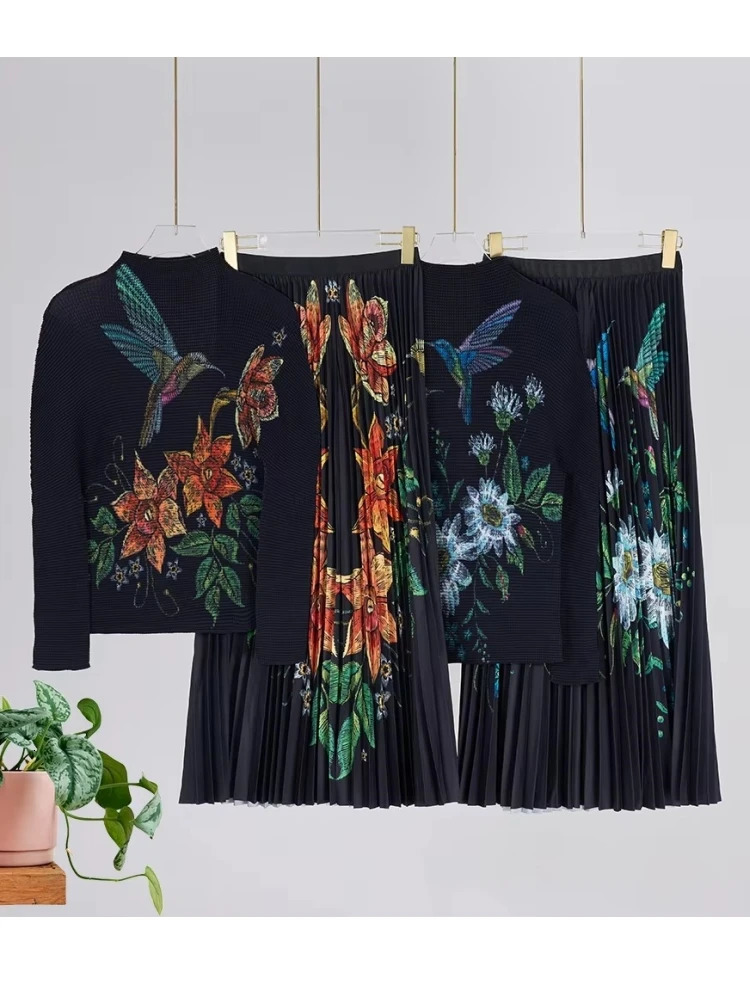 Gradient Color Jacquard Striped Pleated 2 Pieces Set Womens Long Sleeve Stretch T-Shirt Top Elastic Waist Miyake Skirt Suit 241213
