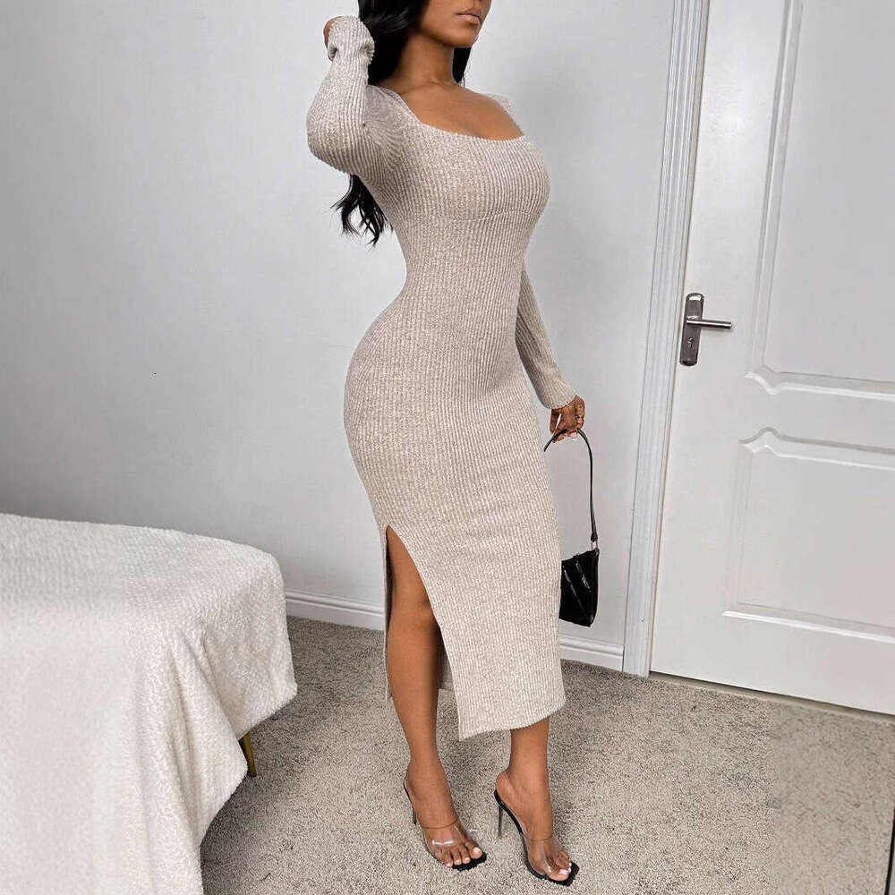 2024 autumn and winter new French square collar waist cinched hem slit sexy long sleeved dress for women