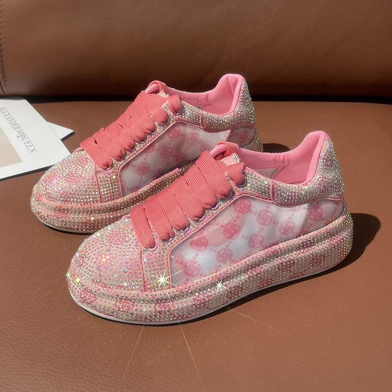 Full Diamond Thick Bottom Designer Casual Shoes with Lace up Women's Fashion Sports Shoes Pink Printed Women's Luxury Flat Shoes High Qualit