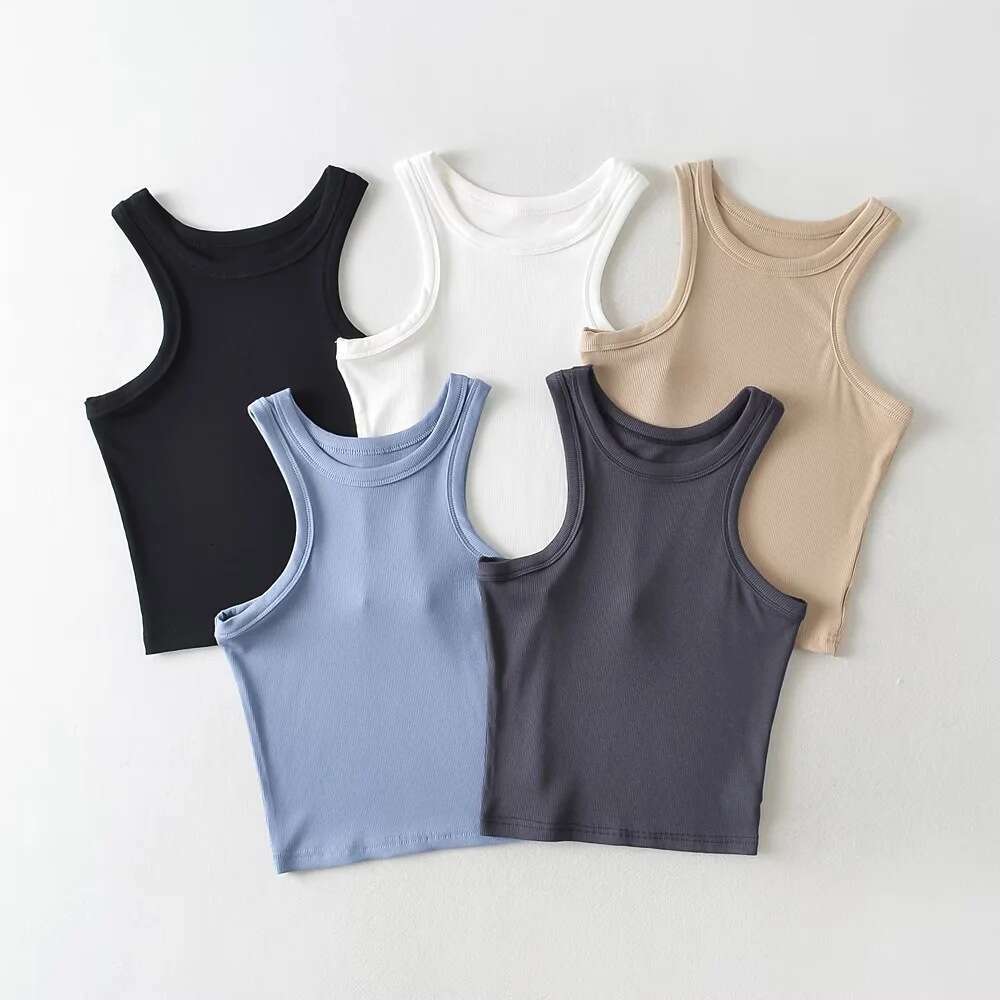 American INS summer spicy girl elastic slim fit round neck narrow shoulder vest women's short style tight solid color tank top 2024 new casual fa