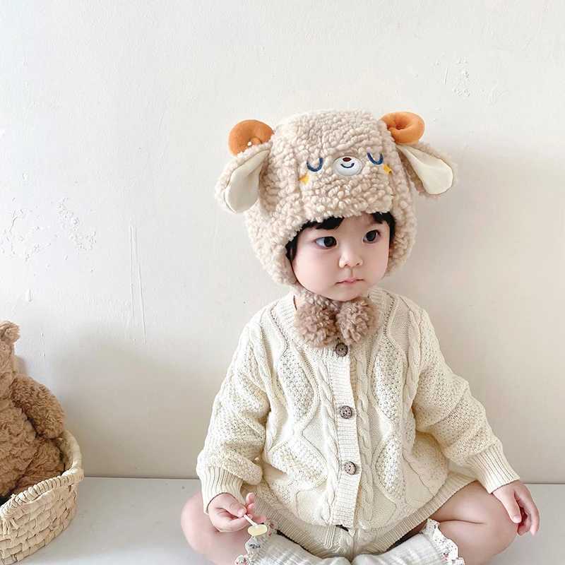 Sheep Baby Plush Hat Winter Thick Cashmere Bean Hat Baby Boys and Girls Cute Warm Children Ear Protection Hat W241213