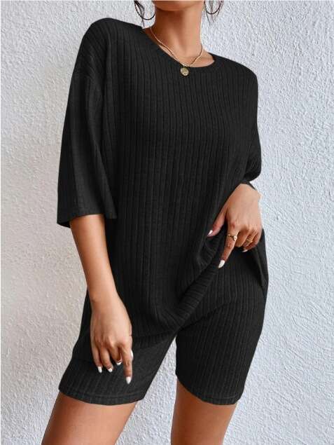 2024 New Knitted Casual Fashion Spring Commuter Round Neck Loose Women's Shorts Set for Europe and America