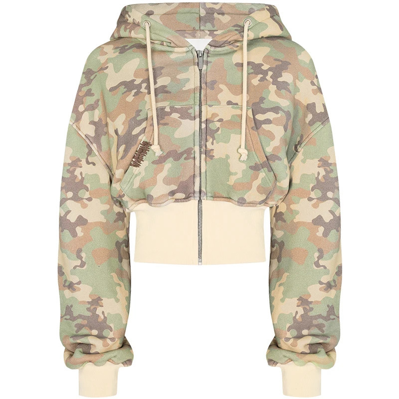 Womens 2-piece set tail camouflage hooded sweater casual long sleeved zipper jacket hip-hop sportswear Y2K sweater 241214