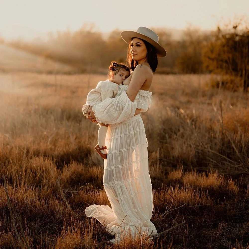 Materni Gown For Photo Shoot Pleated Chiffon Long Sleeve Off Shoulder Four Piece Boho Sle Dress Photography Dress For WomenXJ241213
