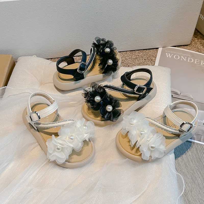Sandals Childrens Girls Sandals with Tulle Flowers 2024 Chic Princess Shoes for Party Wedding Shows Pearls Open-toe Kids Fashion H05135 H241213