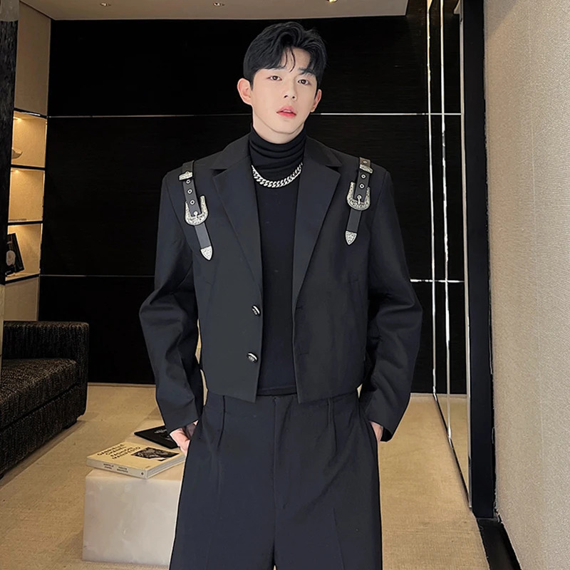 IEFB Elgance Mens Suit Coat Metal Buckle Leather Strap Niche n Short Korean Style Blazers Fashion Autumn Tops 9C2135 241211