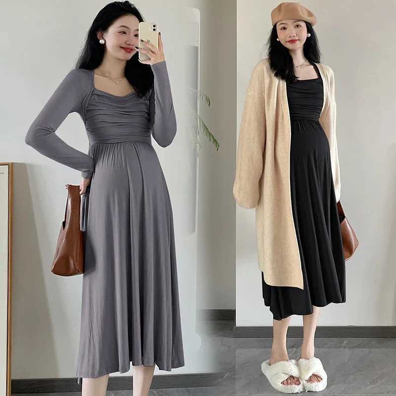 2025 Spring Materni Dresses Long Sleeve Square Collar High Waist Pregnant Woman Modal Dress Faux Two Pieces Pregnancy ClothesXJ241213