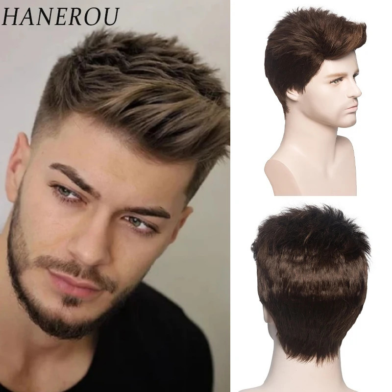 HANEROU Short Men Wig Pixie Cut Natural Straight Ombre Brown Wig Heat Resistant Fiber for Daily Cosplay Part 241213