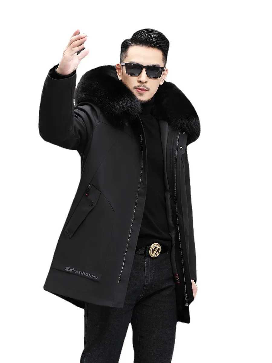 Korean fashion mens fur leather jacket jacket fox fur collar park medium length rabbit fur lining detachable winter fur coat PK2230 W241213
