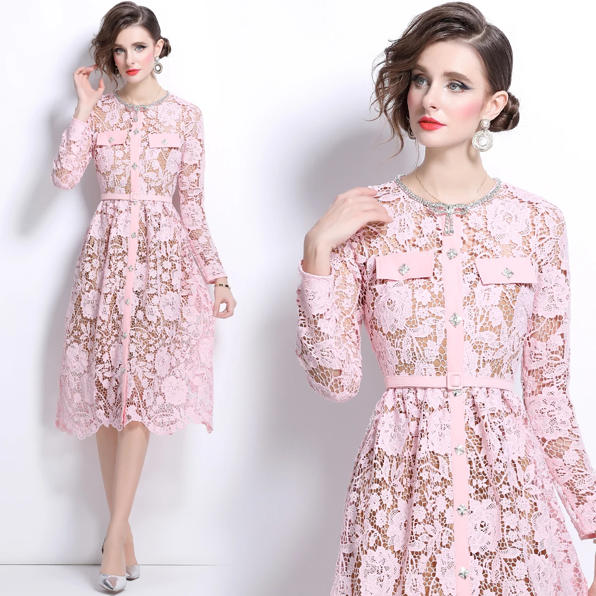 Casual Dresses Quality Autumn Long Sleeve Midi White Lace Evening Dress Women Summer Autumn Beaded Diamonds Chain Bow Belt Prom Wedding Dresses 2025
