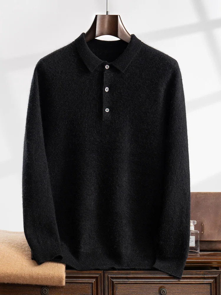 High Quality Men Thick 100% Cashmere Sweater Polo Pullover Autumn Winter Knitwear Long Sleeve Smart Casual Clothing Top 241209