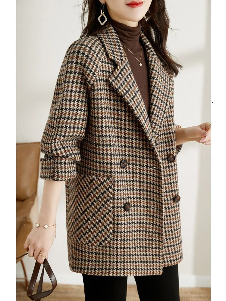 EWQ Check Long Sleeve Double Breasted Doublefaced Woolen Blazer Coat Office Lady Suit Jacket Winter Autumn 16O2707 241209