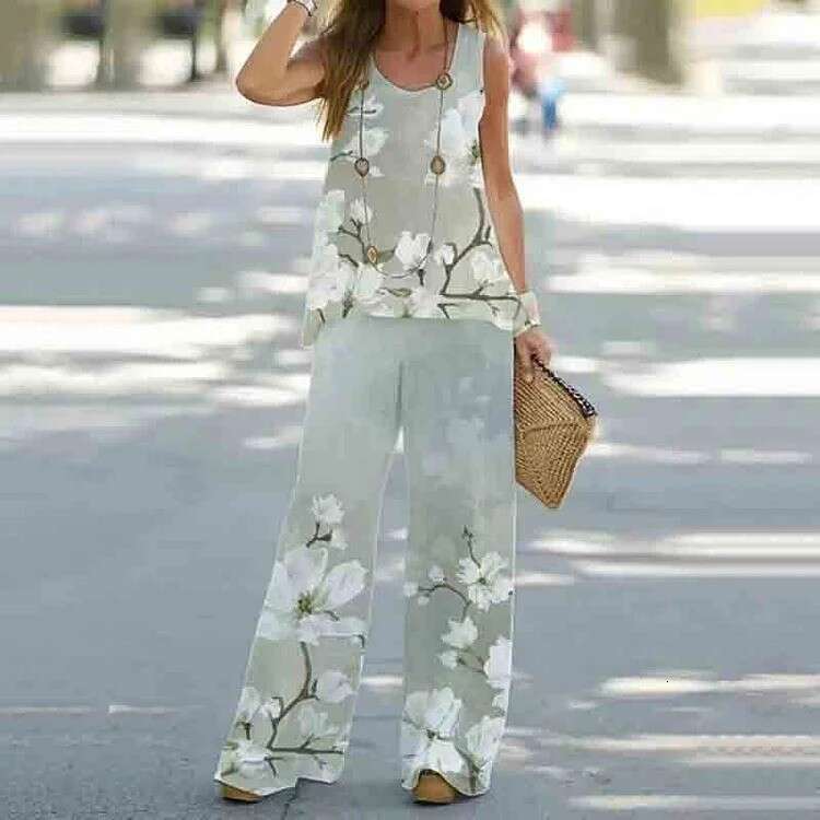 Women's printed casual two-piece vest with elastic waist pants women's set 2024 versatile new trendy clothing ins