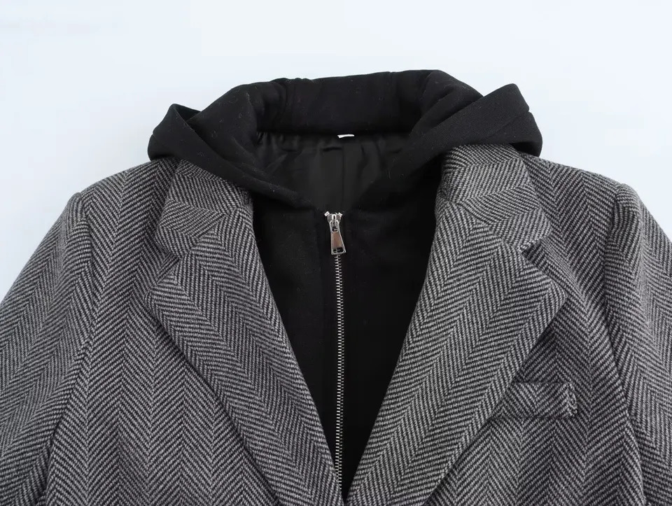 Dave Di Autumn And Winter French Minimalist Gray Texture Hooded Patchwork Jacket Retro Casual Suit Blazers Women 241209