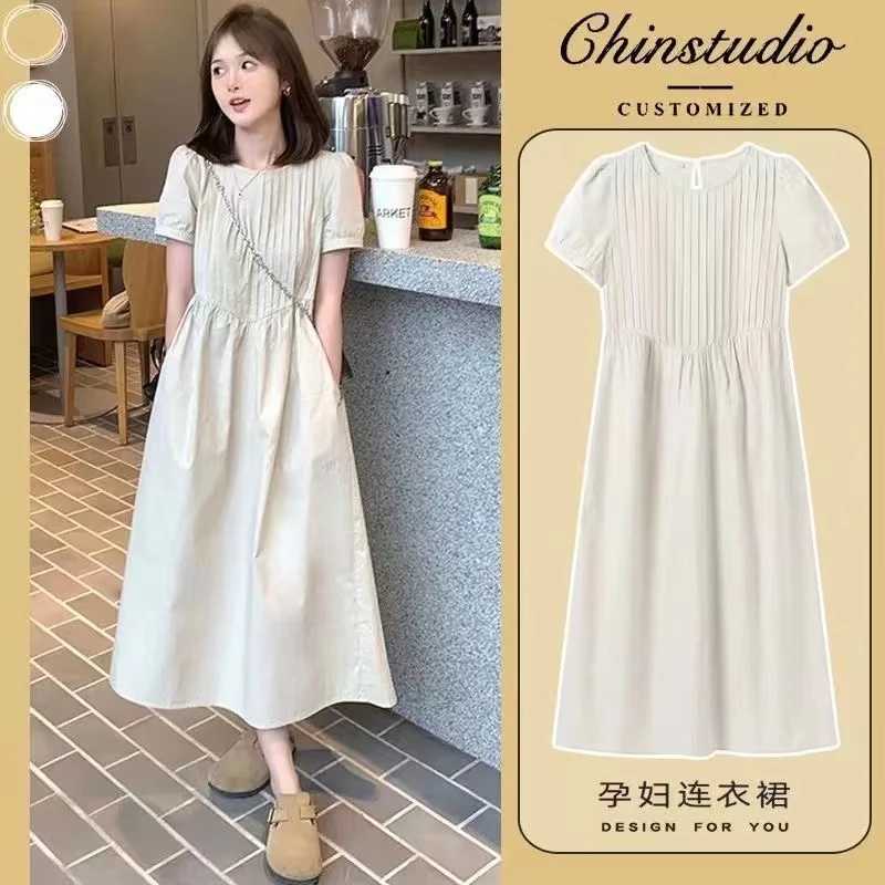 Korean Sle Materni Backless Dress Plus Size Short Sleeve Pleated High Waist Pregnant Woman Dress with Pockets Loose DesignXJ241213