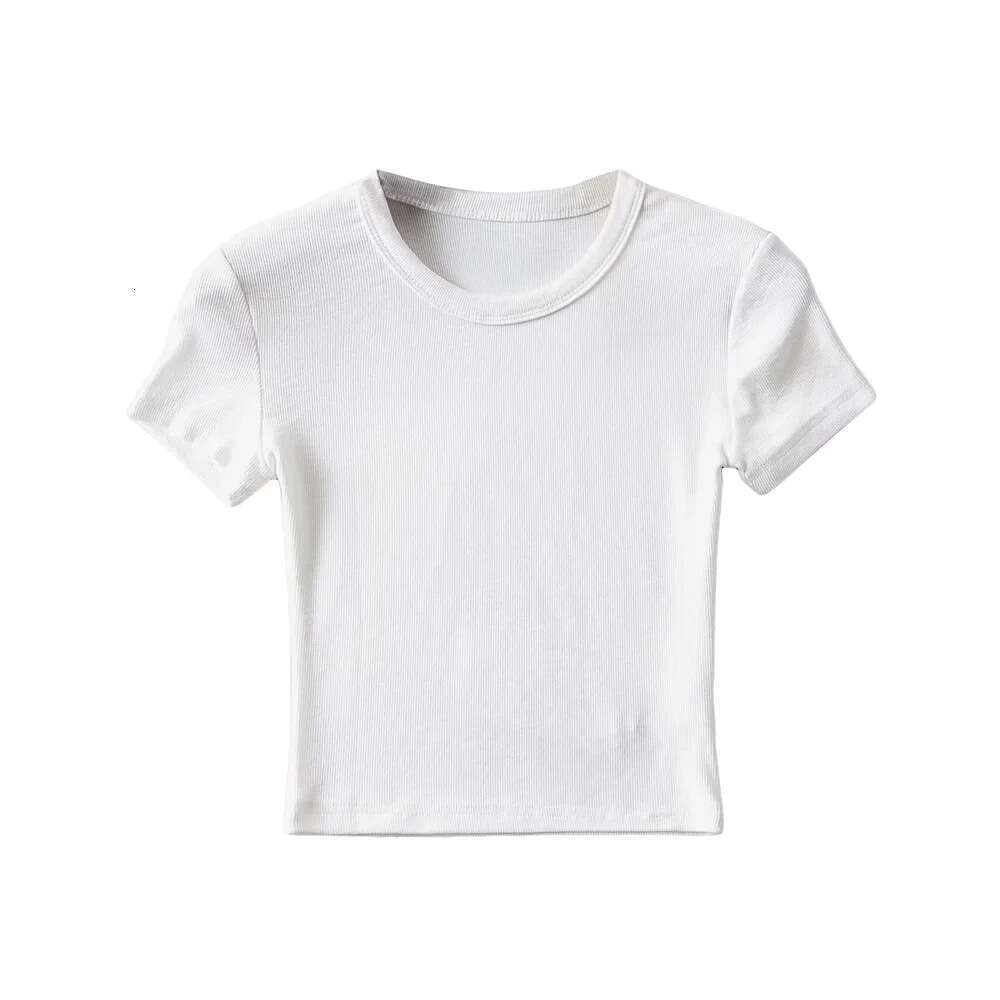 American summer 8-color high waist elastic slim fit wide edge round neck short sleeved T-shirt for women solid color tight fitting crop top trend 2024