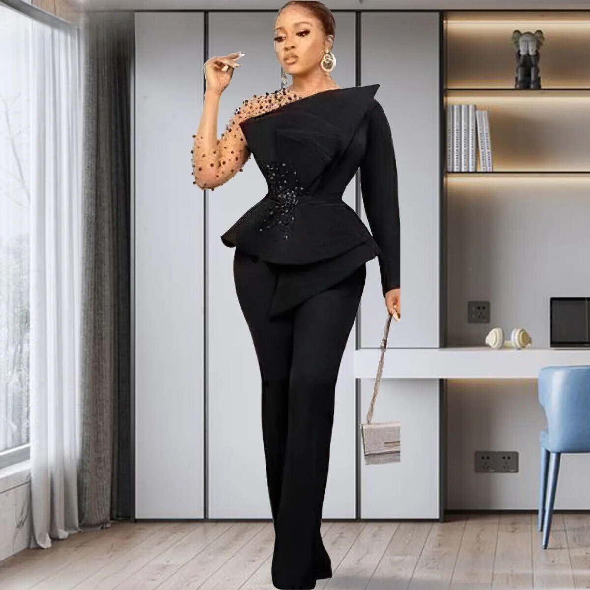 Vintage Women Beading Mesh Patchwork Ruffles Fan-Shaped Blazer Tops And Pants Suit Two 2 Piece Set Outfits Tracksuit