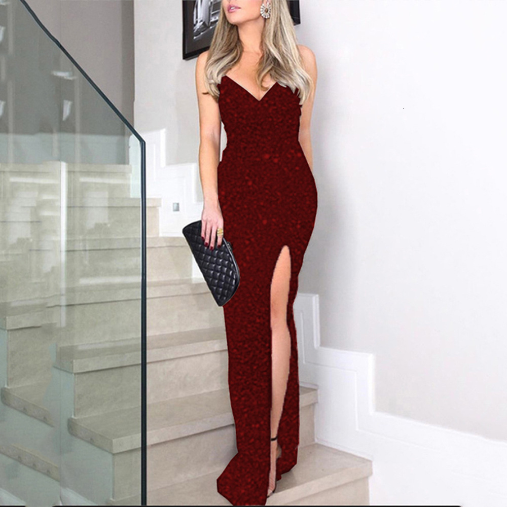 Summer New Womens High Waist Fashion Dress with Strap Sequin Split Dress