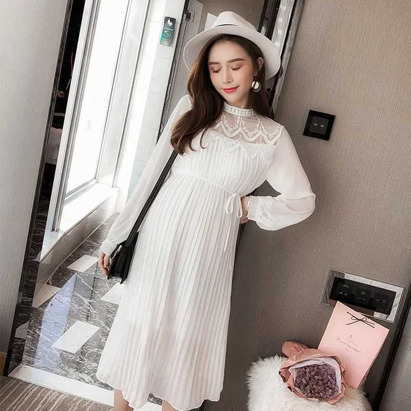 9310# Autumn Korean Fashion Pleated Chiffon Materni Long Dress Loose Straight Clothes for Pregnant Women Pregnancy ClothingXJ241213
