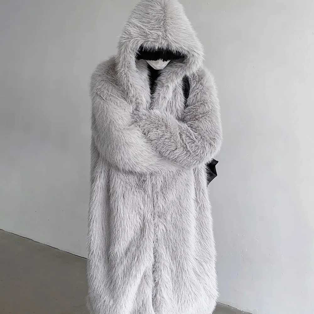 Mens Jacket Warm Furry Imitation Fur Coat Winter Fashion British Versatile Thick Medium Long Hooded Sweater Mens Clothing 2024 W241213