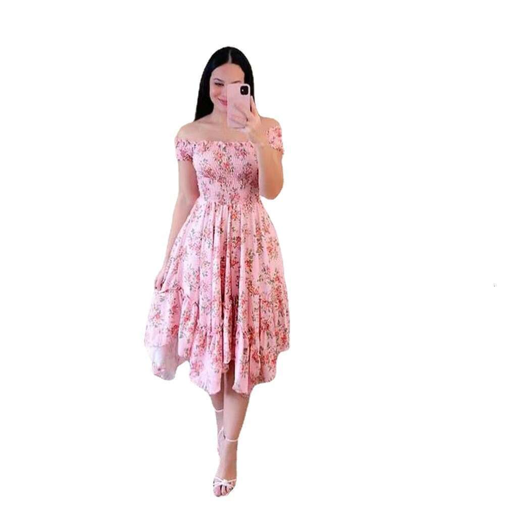 Cross Border One Collar Asymmetrical Off Shoulder Short Sleeved Digital Printed Dress From Europe And America