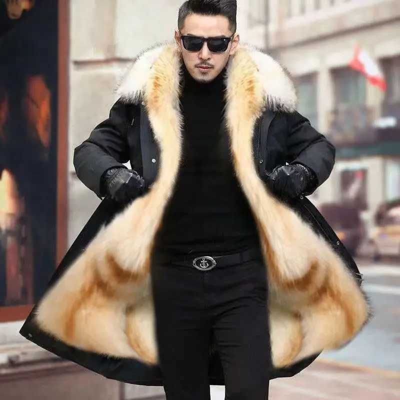 Fur Lined Parkas Men Faux Fur Coat Big Size Hooded Warm Long Fox Fur Coat Snowsuit High Quality Men Clothing Zipper Long Sleeve W241213