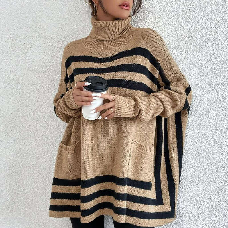 2024 European and American Foreign Trade Knitted Women's Wear High Collar Striped Bat Sleeve Cloak Shawl Sweater Coat for Women