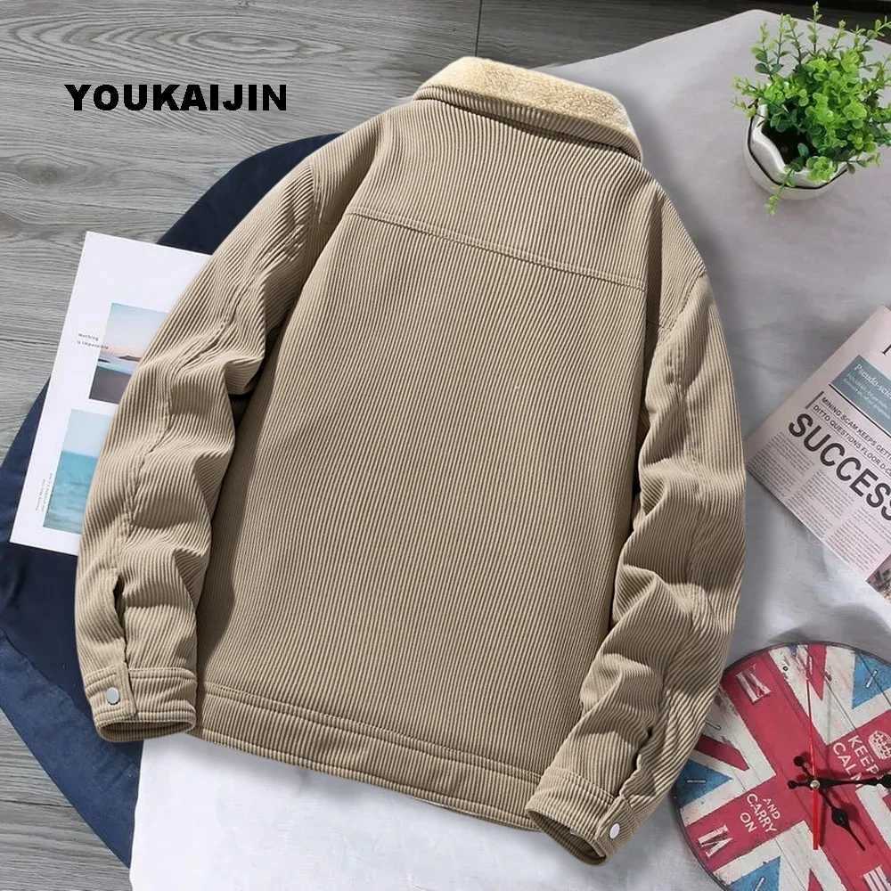 Winter wool jacket mens khaki warm thick Corduroy fur collar jacket mens jacket casual fashion outdoor windproof jacket mens W241213