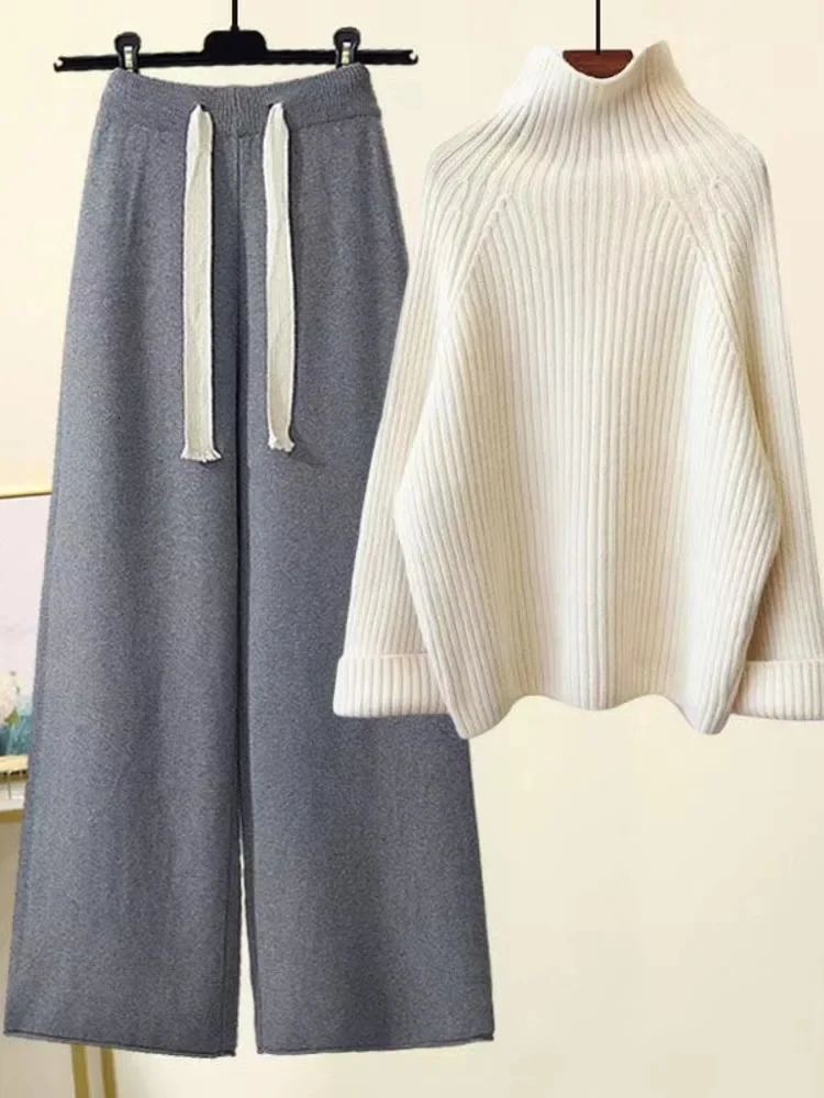 Winter Warm Knitted Suit Women Long Sleeve Half Turtleneck Knitting Sweater And Wide Leg Pants Sets Outer Wear Loose Set N437 241203