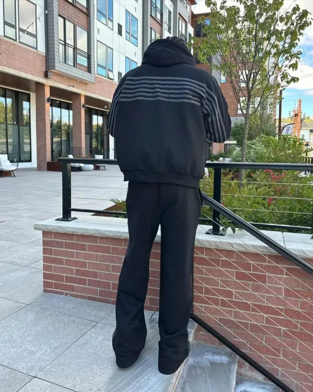 Y2K Zip Hooded Sweatpants Set Men Two Piece Hip Hop Embroidered Vintage Stripe Oversized Sweatshirt Casual Pants 241211
