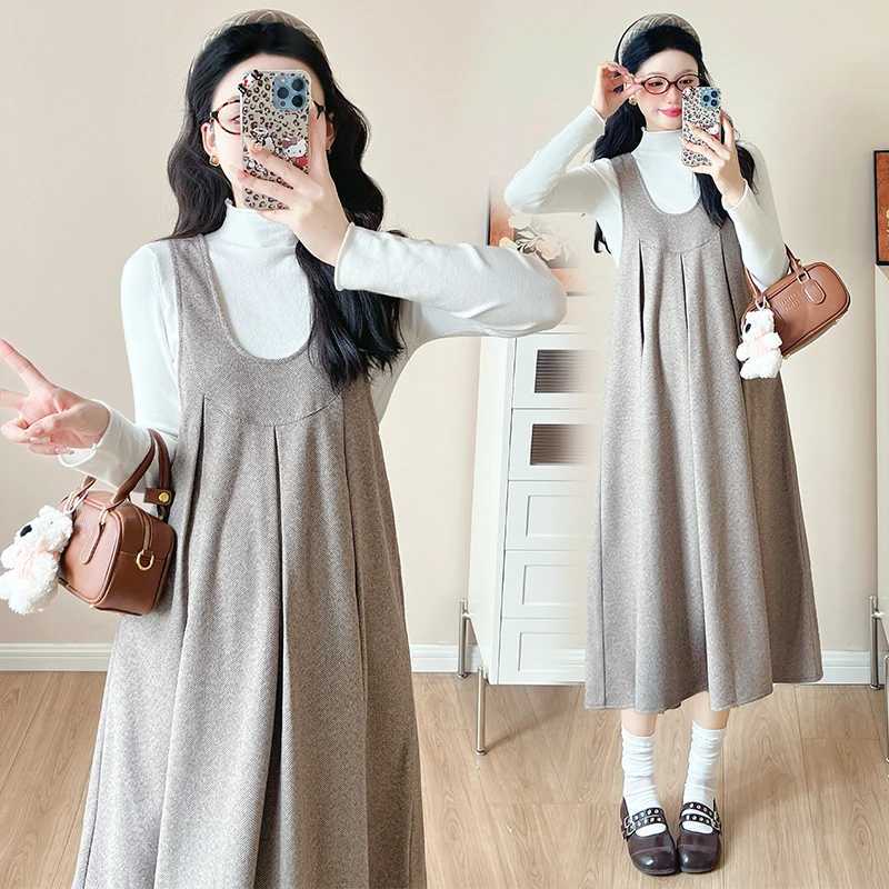 Korean Sle Autumn Materni Strap Dress Solid Color Long Loose Pregnant Woman Pleated Dress Sweet Pregnancy Woolen Dress CuteXJ241213