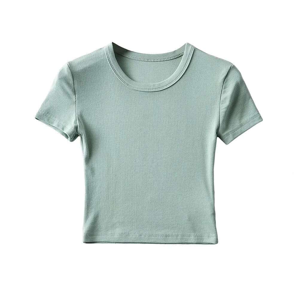 American summer 8-color high waist elastic slim fit wide edge round neck short sleeved T-shirt for women solid color tight fitting crop top trend 2024