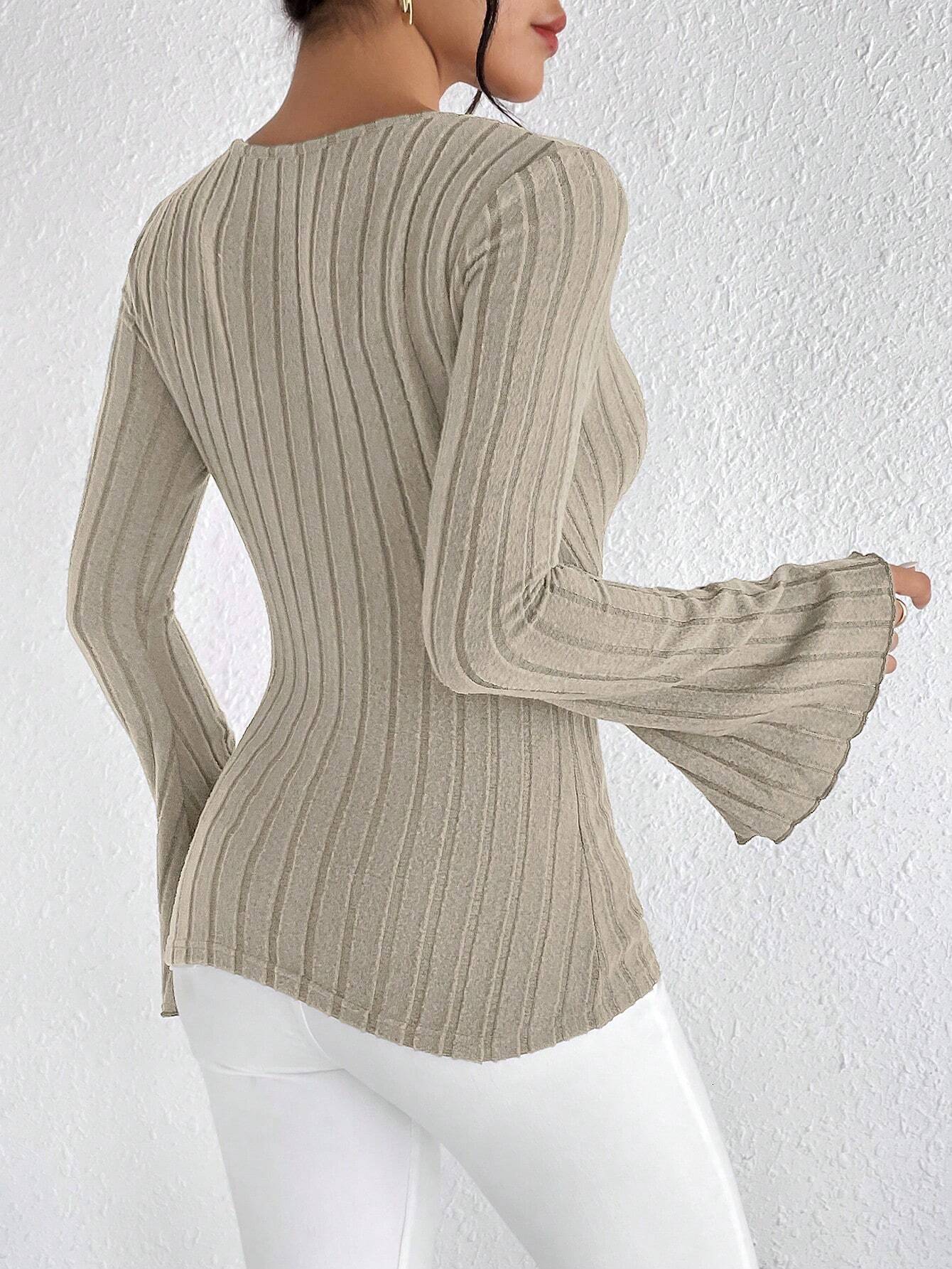 Basic Casual Autumn And Winter V-neck Sexy Slim Striped Women's Top Long Sleeved T-shirt Knitted Bottom Shirt