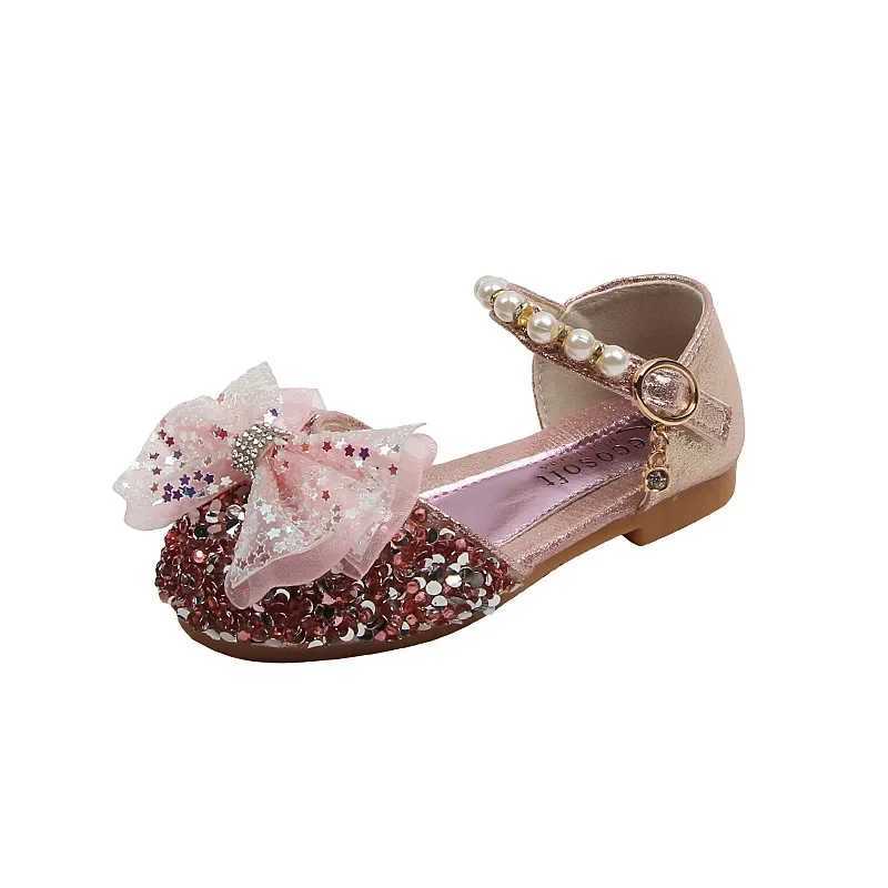 Sandals Sweet Girl Princess Sandals Fashion Rhinestone Pearl Bow Baby Shoes Kids Party Children Dance Little Girls Leather Shoes H06267 H241213