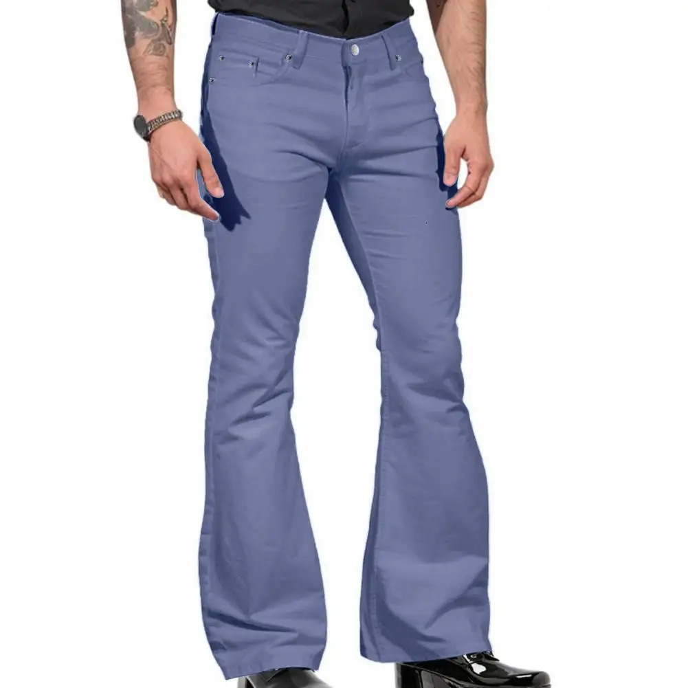Retro jeans mens pants denim fashionable flange solid color elastic ultrathin fit mid rise bell bottoms 241211