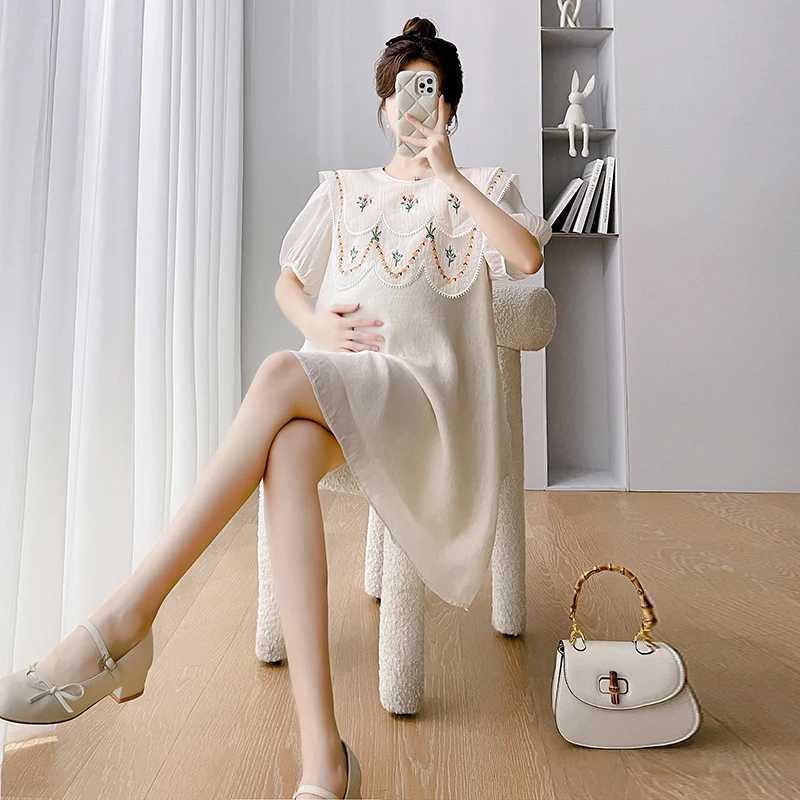 2024 Korean Sle Floral Embroidery Peter Pan Collar Materni Dress Loose Fashion Pregnant Women A-Line Dress Pregnancy ClothesXJ241213