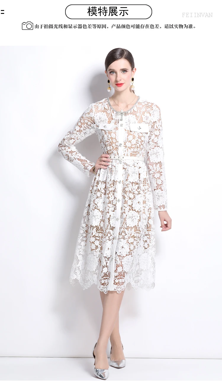 Casual Dresses Quality Autumn Long Sleeve Midi White Lace Evening Dress Women Summer Autumn Beaded Diamonds Chain Bow Belt Prom Wedding Dresses 2025