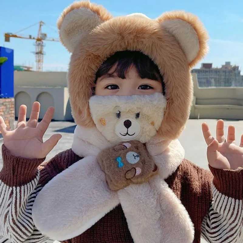 Winter childrens one-piece scarf cap+facial mask cute baby ear protective cap 1-6 year old childrens plush cross neck warm beans W241213