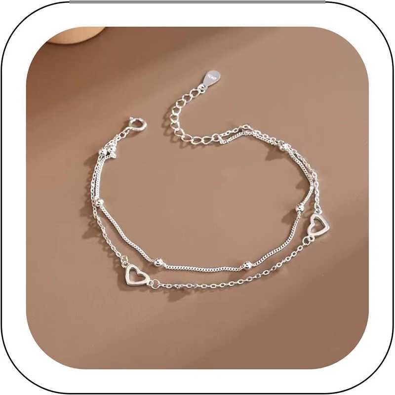 Round Bead Hollow Heart Hand Decorated Double Design Sweet 925 Silver Plated Chain Bracelet for Women Girls GiftsXJ241214