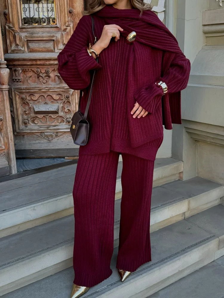 Casual Solid Knit Loose Wide Leg Pants Set Women Elegant Scarf Neck Basic Warm Sweater Suit Lady Chic Autumn Winter 2-piece Sets 241214