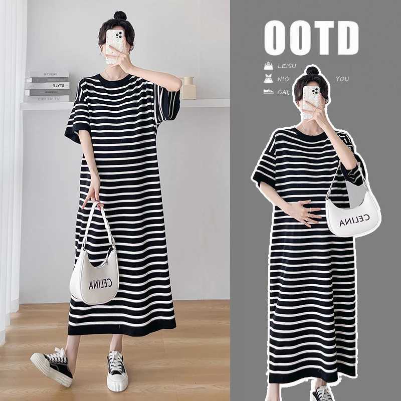 1021# 2024 Summer Striped Knitted Materni Long Dress Casual Loose Straight Clothes for Pregnant Women Pregnancy Ice CoolXJ241213