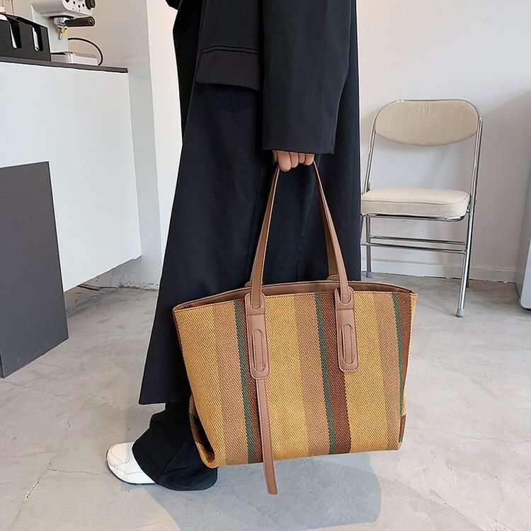 New Minimalist One Shoulder Underarm Bag, Trendy And Fashionable Canvas Striped Large Capacity Versatile Tote Bag
