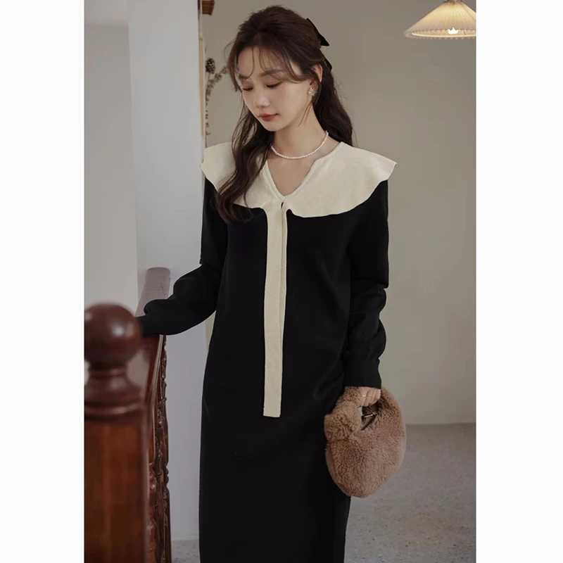 2024 Korean Sle Pregnant Women Black Dress Autumn Winter Long Sleeve Bowknot Collar Materni Knitting Dress Pregnancy SweaterXJ241213