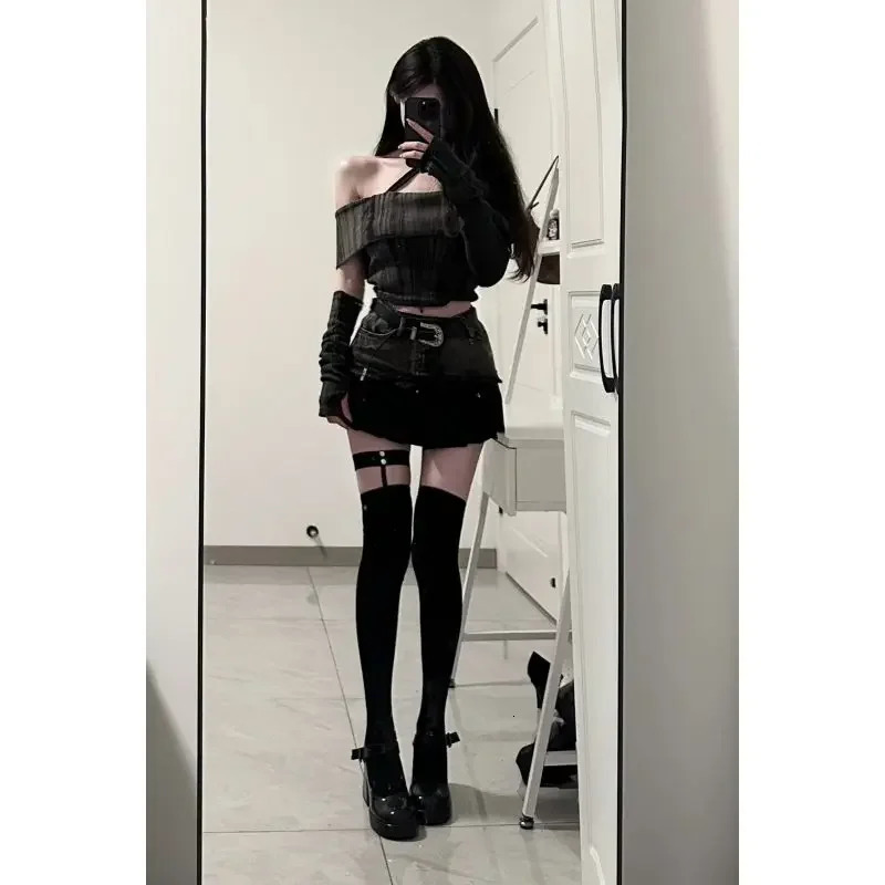 Dark Dopamine Clothing Sexy One Shoulder Short Sleeve Slim Retro Top Spliced Skirt Suit Girl Twopiece Women 241211