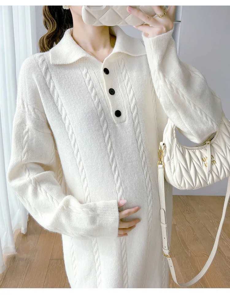 Korean Sle Autumn Materni Dress Button Fly Turn-down Collar Long Sleeve Pregnant Woman Knitting Dress Pregnancy Long SweaterXJ241213