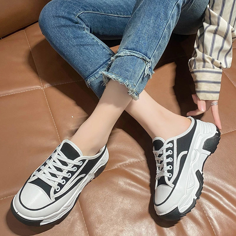 Ladies Slippers Summer Baotou Half Womans Versatile Casual Lace Up Canvas Sports Platform Shoes Outside 241214
