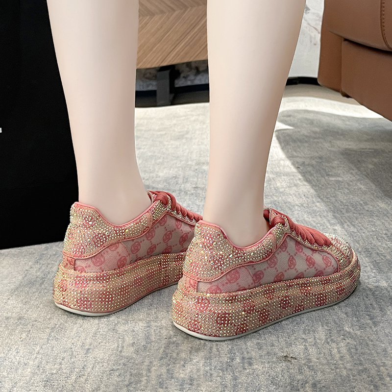 Full Diamond Thick Bottom Designer Casual Shoes with Lace up Women's Fashion Sports Shoes Pink Printed Women's Luxury Flat Shoes High Qualit
