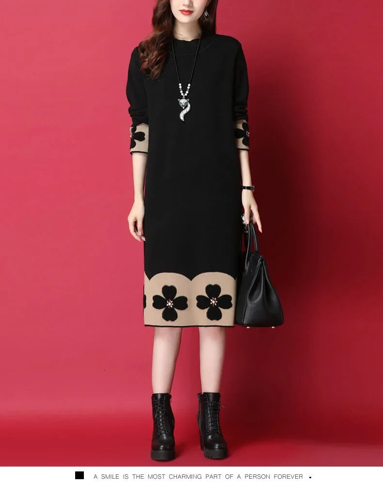 AutumnWinter Knit Dress MediumLength LooseFit Slimming Inner Base Layer Sweater Skirt MiddleAged Womens Clothin 241212