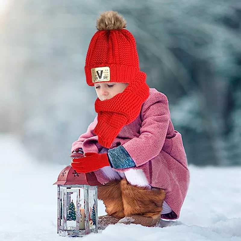 Autumn and winter childrens hat scar and glove three piece baby thick hat and collar knitted hat suitable for boys and girls W241213